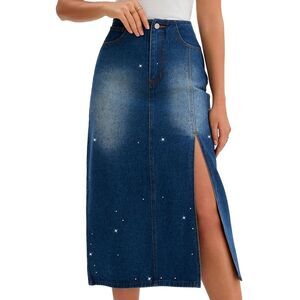 Women's Midi Denim Skirt Side Split High Waisted Rhinestone Jean Skirts